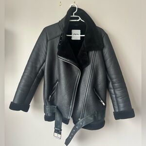 Zara Faux Shearling/Fur Oversized Biker Jacket - Black - Medium
